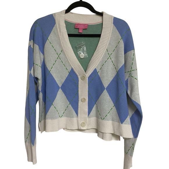 Isaac Mizrahi Live Always Isaac Womens S Argyle Cardigan Sweater Blue Green NWOT - Picture 1 of 6